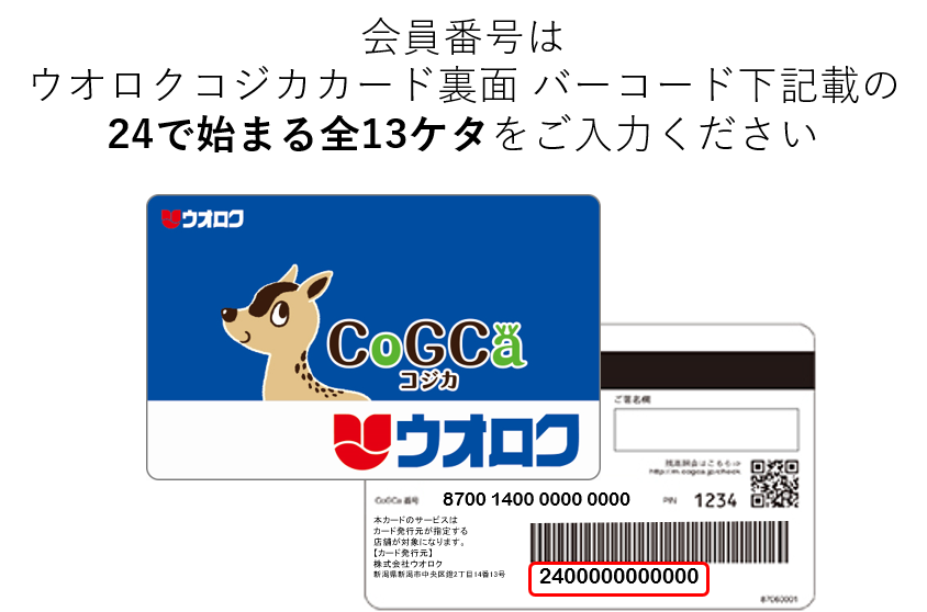 ウオロクコジカカードの会員番号（１３ケタ）を入力してください